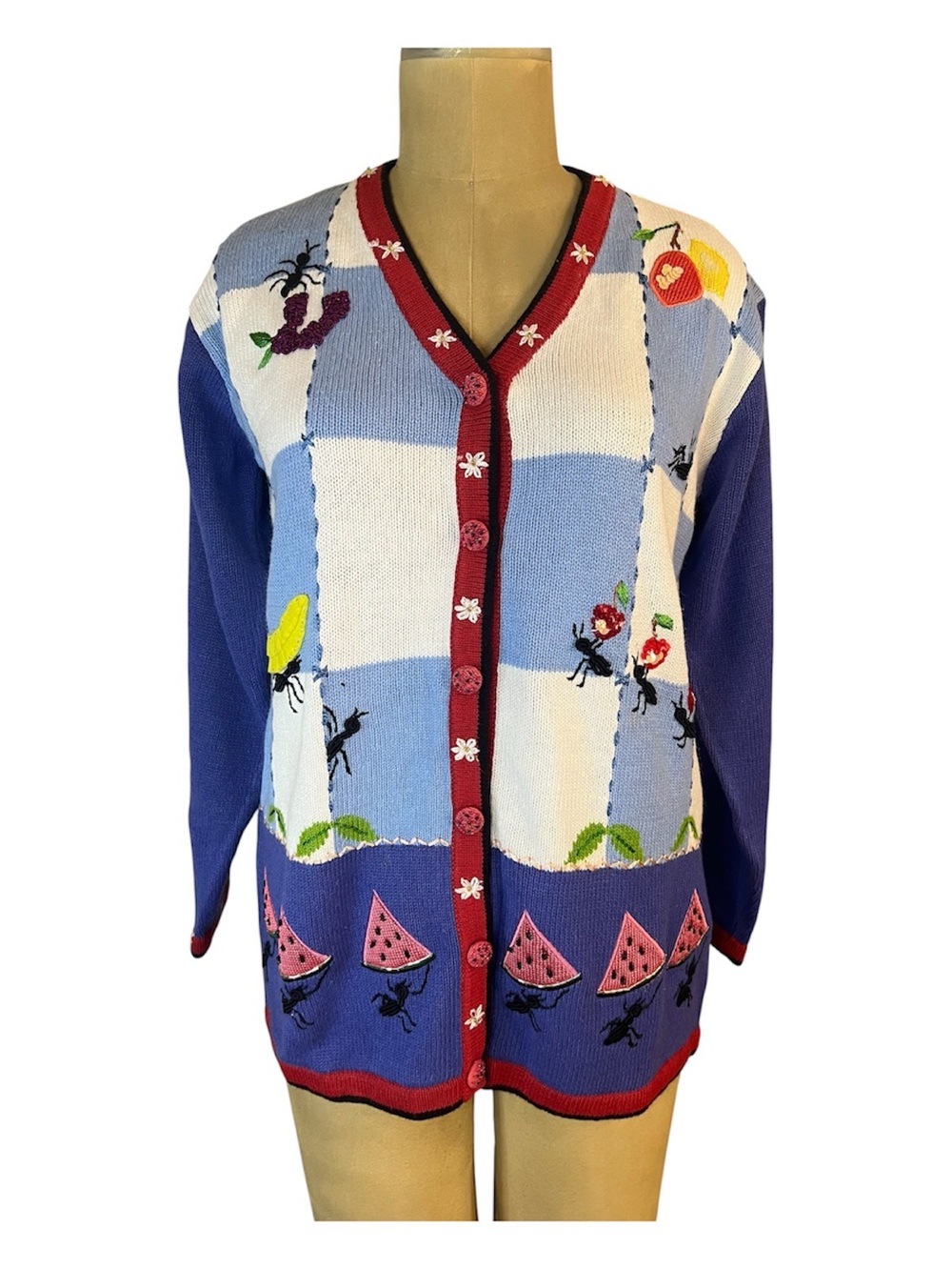 Storybook Knits Rare Picnic Ants Blue White Embroidered BeadedPatchwork Cardigan